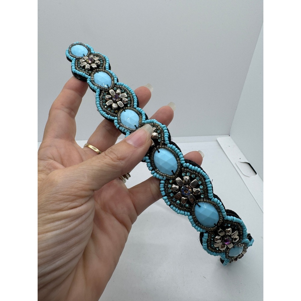 Turquoise Beaded Boho Flower Elastic Headband Rhinestone Western Festival Blue